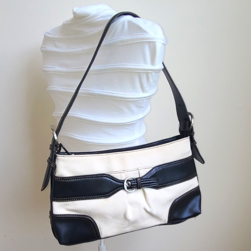 Cream Canvas Bag w/ Black Vegan Leather Trim